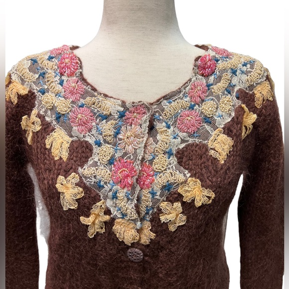 Free People Sweaters - Vintage Free People Antique Lace Seed Pearl Beaded Brown Wool Cropped Cardigan
